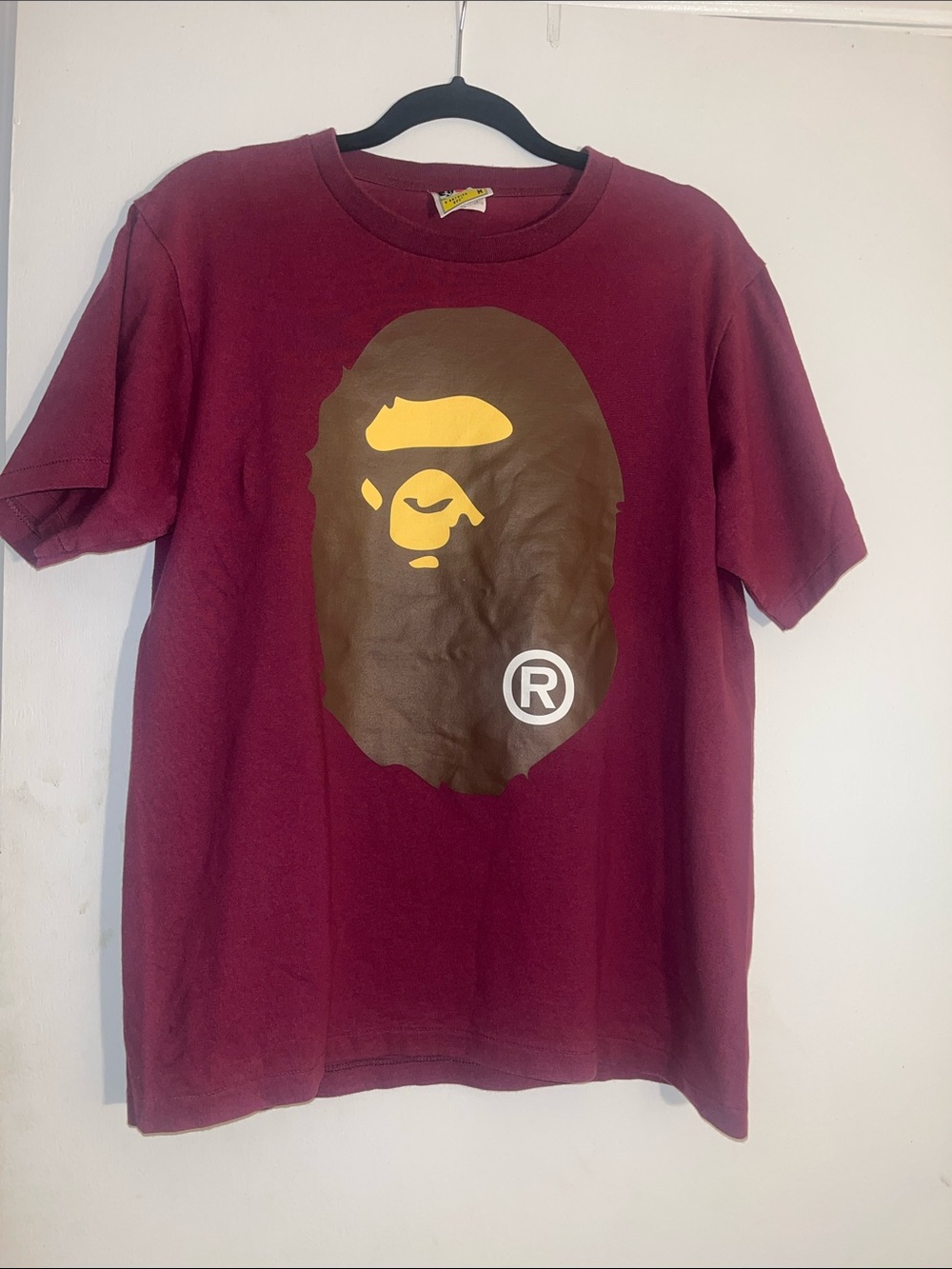 Bape Short Sleeve Tee in Maroon with Brown & Yellow Logo